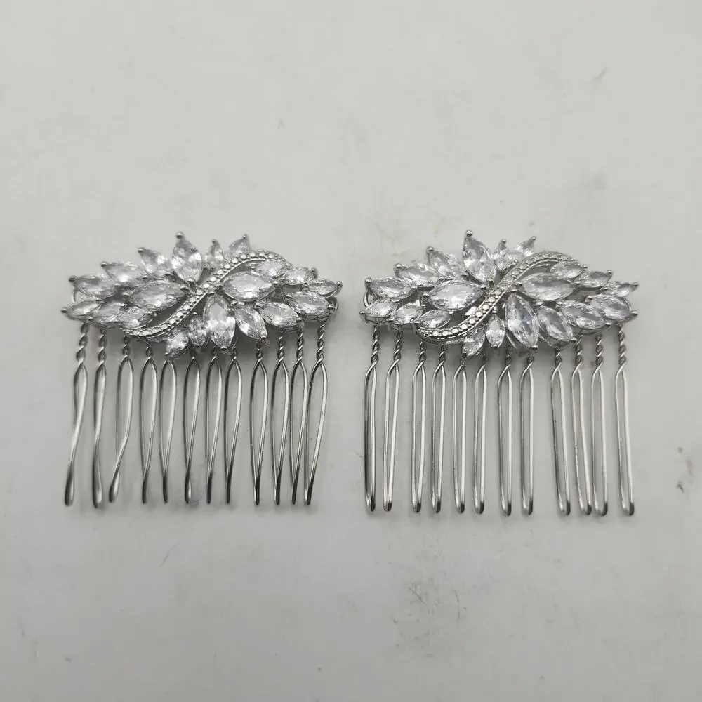 Silver Tone Rhinestone Bridal Hair Comb Pair Floral Leaf Wedding Prom Accessory